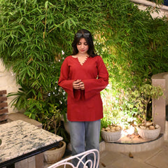 Women Maroon Bell Sleeve Kurta | Elegant Minimal Ethnic Top for Women