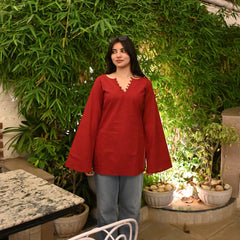 Women Maroon Bell Sleeve Kurta | Elegant Minimal Ethnic Top for Women