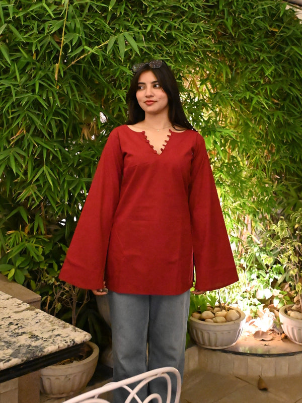 Women Maroon Bell Sleeve Kurta | Elegant Minimal Ethnic Top for Women