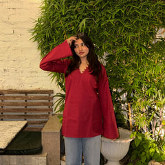 Women Maroon Bell Sleeve Kurta | Elegant Minimal Ethnic Top for Women