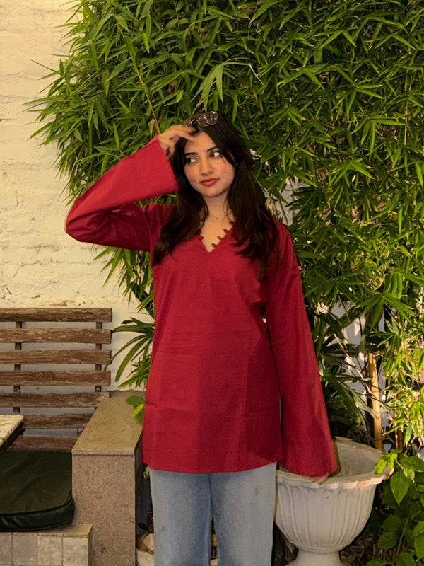 Women Maroon Bell Sleeve Kurta | Elegant Minimal Ethnic Top for Women
