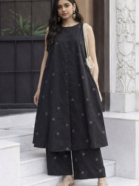 Black Polka Dot Rayon Kurta Pant Set – Chic Everyday Wear