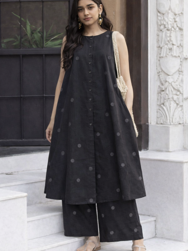 Black Polka Dot Rayon Kurta Pant Set – Chic Everyday Wear