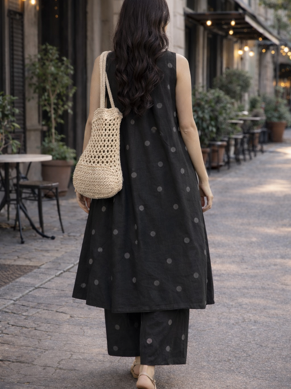 Black Polka Dot Rayon Kurta Pant Set 