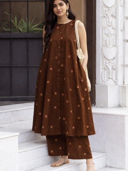 Brown Polka Dot Rayon Kurta Pant Set –