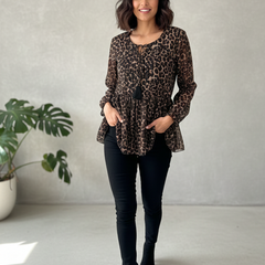 Women Black Chiffon Animal Print Top | Casual Full Sleeve