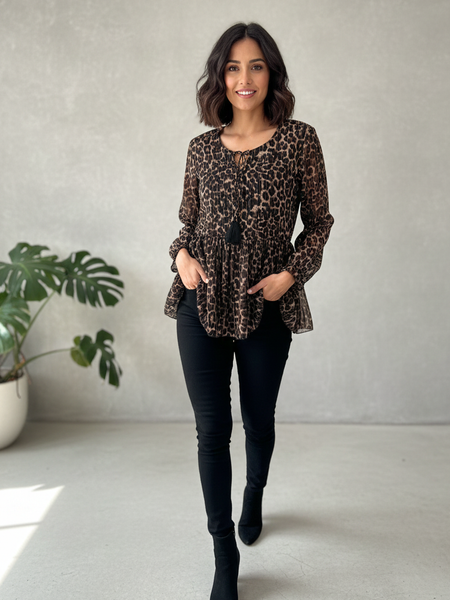 Women Black Chiffon Animal Print Top | Casual Full Sleeve