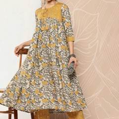 Mustard Floral Kurta Pant Set