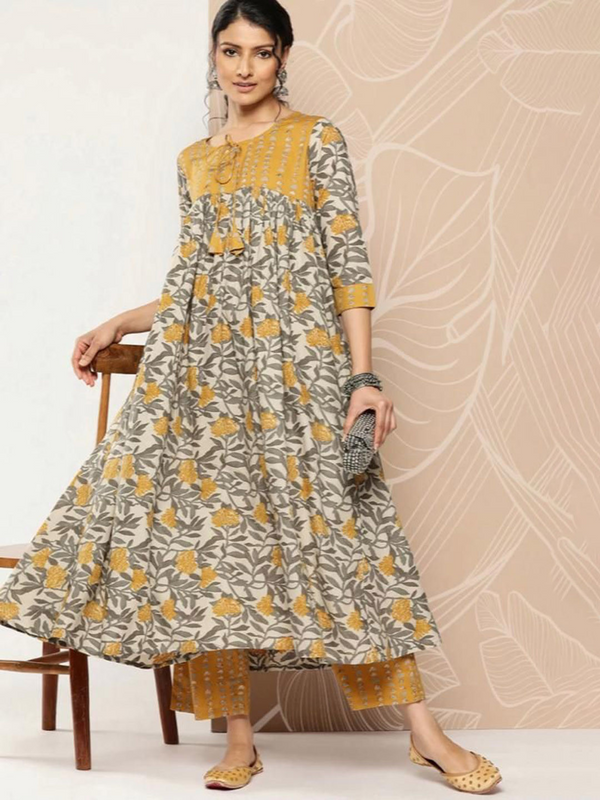 Mustard Floral Kurta Pant Set