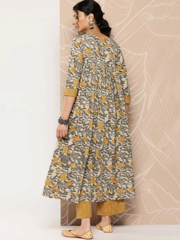 Mustard Floral Rayon Kurta Pant Set Elegant Ethnic Wear