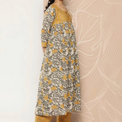 Mustard Floral Rayon Kurta Pant Set 