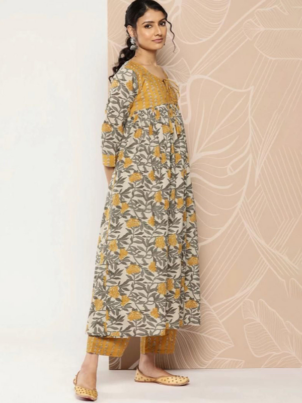 Mustard Floral Rayon Kurta Pant Set 