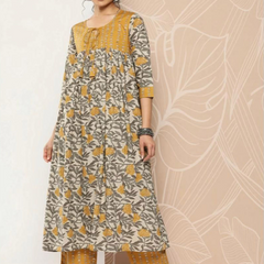 Mustard Floral Rayon Kurta Pant Set – Elegant Ethnic Wear