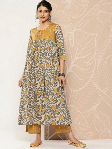 Mustard Floral Rayon Kurta Pant Set – Elegant Ethnic Wear