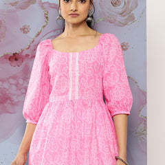 Women Pink Cotton Printed Top | Casual 3/4 Sleeve