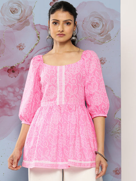 Women Pink Cotton Printed Top | Casual 3/4 Sleeve