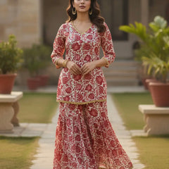 Red Floral Rayon Kurta Palazzo Set for Women