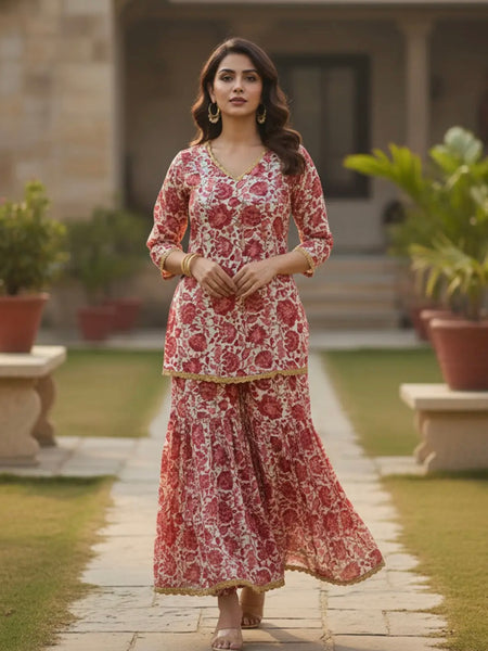 Red Floral Rayon Kurta Palazzo Set for Women