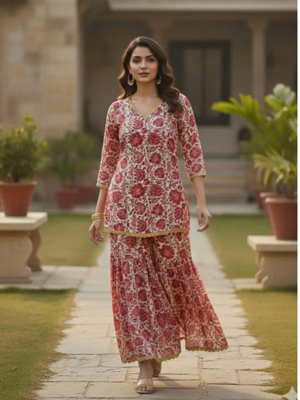 Red Kurta Palazzo Set for Women
