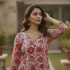 Red Floral Rayon Kurta 