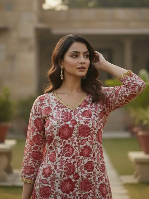 Red Floral Rayon Kurta 