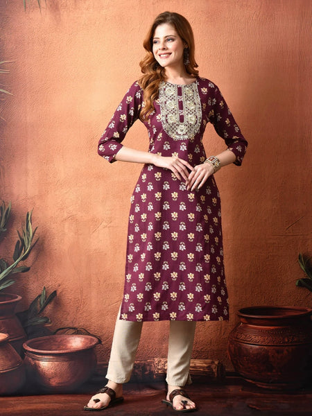 Maroon Floral Straight Rayon Kurta – Elegant Everyday Ethnic Wear