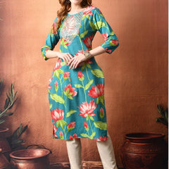Women’s Teal Floral Rayon Straight Kurta