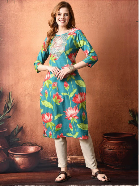 Women’s Teal Floral Rayon Straight Kurta