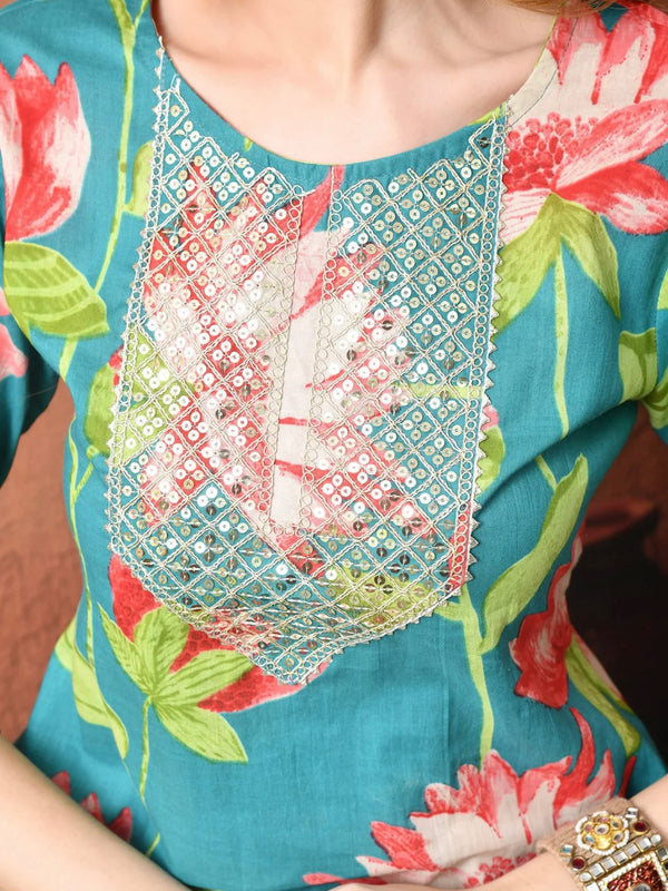  Teal Floral Straight Kurta