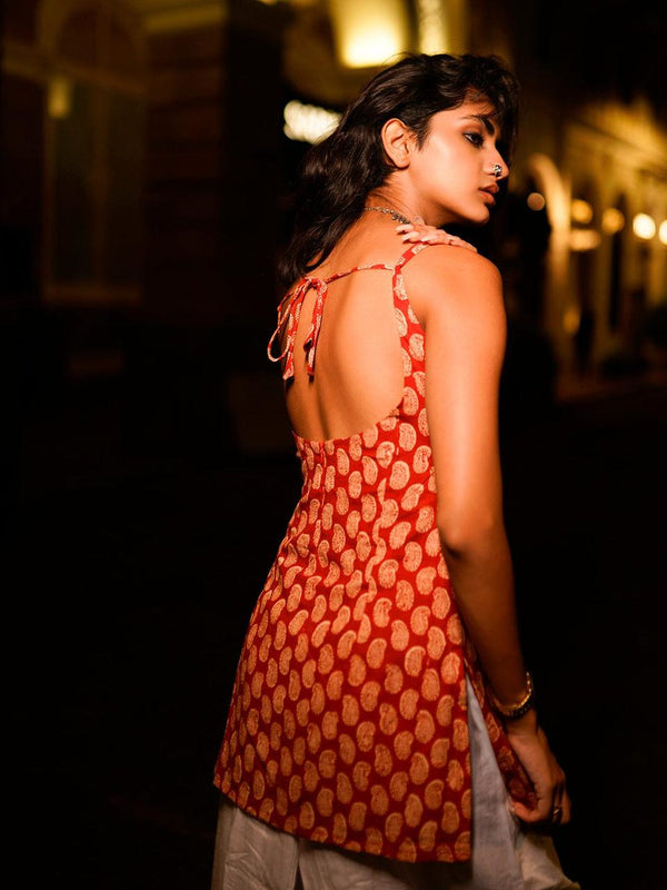 Women Red Printed Sleeveless Ethnic Top | Stylish Casual Kurti Top