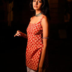 Women Red Printed Sleeveless Ethnic Top | Stylish Casual Kurti Top