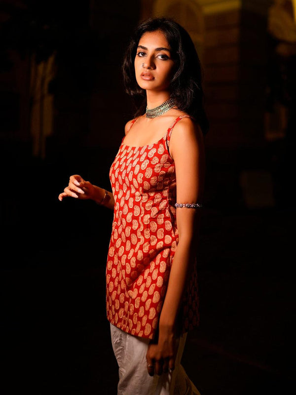 Women Red Printed Sleeveless Ethnic Top | Stylish Casual Kurti Top