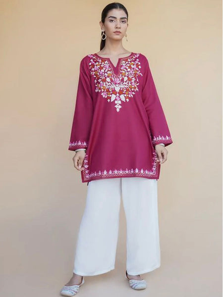 Women Magenta Embroidered Kurti with White Palazzo Set