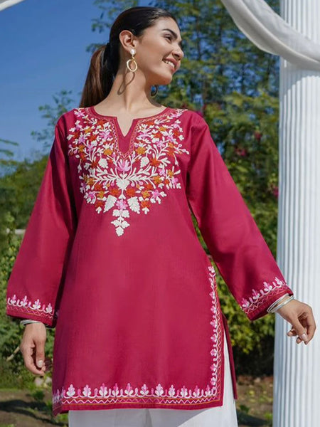 Women Magenta Embroidered Kurti with White Palazzo Set