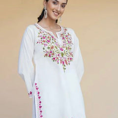 Women White Floral Embroidered Kurti Palazzo Set | Elegant Ethnic Wear