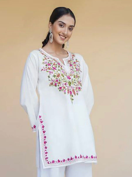 Women White Floral Embroidered Kurti Palazzo Set | Elegant Ethnic Wear