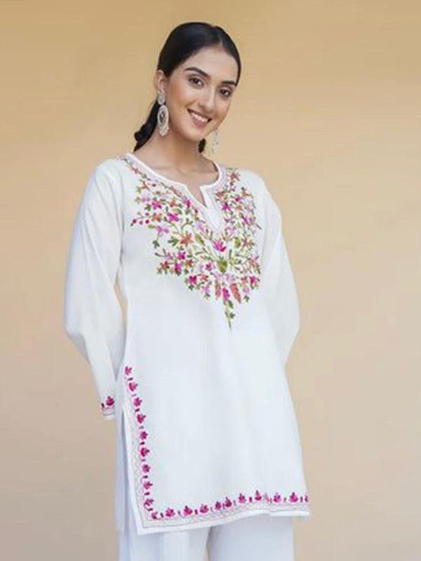 Women White Floral Embroidered Kurti Palazzo Set | Elegant Ethnic Wear