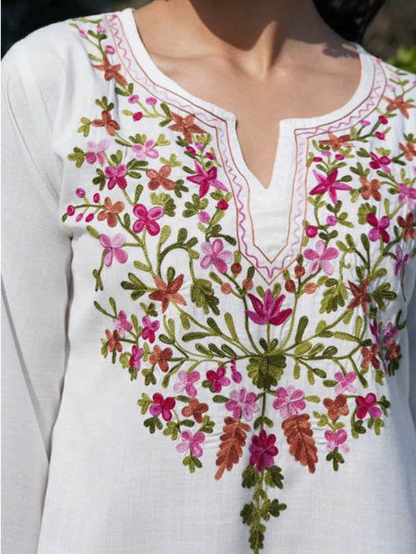 Women White Floral Embroidered Kurti Palazzo Set | Elegant Ethnic Wear