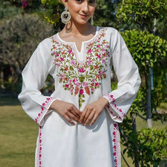 Women White Floral Embroidered Kurti Palazzo Set | Elegant Ethnic Wear