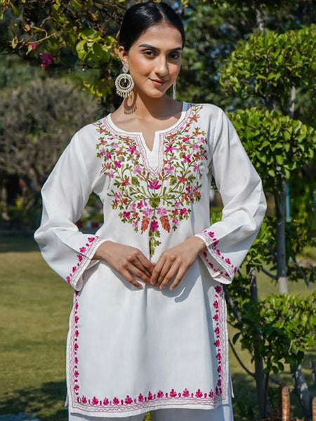 Women White Floral Embroidered Kurti Palazzo Set | Elegant Ethnic Wear