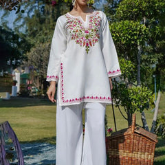 Women White Floral Embroidered Kurti Palazzo Set | Elegant Ethnic Wear