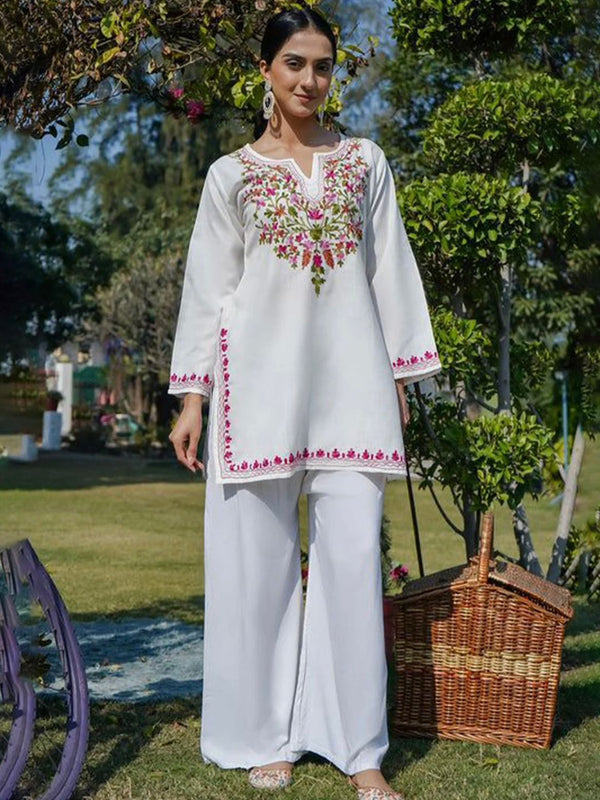 Women White Floral Embroidered Kurti Palazzo Set | Elegant Ethnic Wear