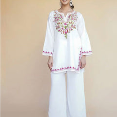 Women White Floral Embroidered Kurti Palazzo Set | Elegant Ethnic Wear