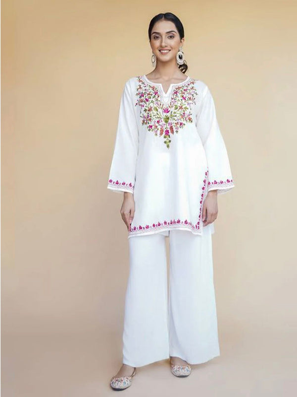 Women White Floral Embroidered Kurti Palazzo Set | Elegant Ethnic Wear