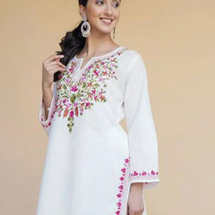 Women White Floral Embroidered Kurti Palazzo Set | Elegant Ethnic Wear