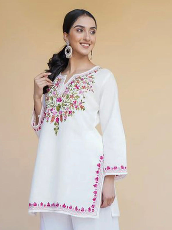 Women White Floral Embroidered Kurti Palazzo Set | Elegant Ethnic Wear