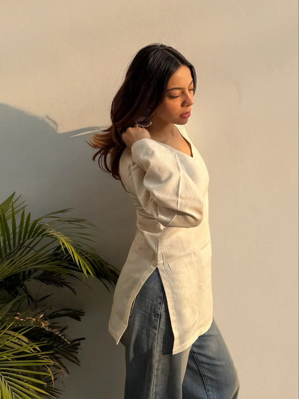 Women's Maroon Pure Cotton V-Neck Bell Sleeve Top