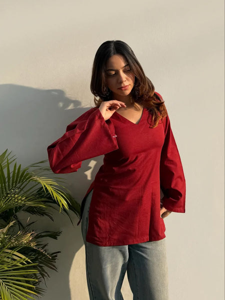 Women's Maroon Pure Cotton V-Neck Bell Sleeve Top