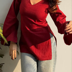 Women's Maroon Pure Cotton V-Neck Bell Sleeve Top