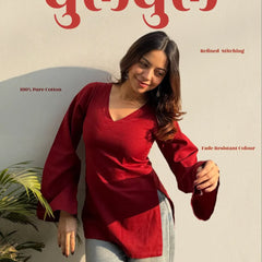Women's Maroon Pure Cotton V-Neck Bell Sleeve Top